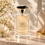 Tall rectangular glass perfume bottle with a thick base and decorative cap presented in a fragrance packaging display setting.