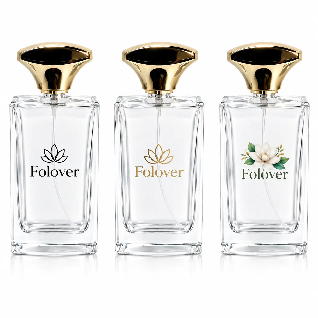 100ml 직사각형 향수병 - 맞춤 로고 인쇄 참고 앞면에 제안된 브랜딩과 장식 아트워크가 적용된 100ml 직사각형 향수병의 커스텀 로고 인쇄 참고 이미지입니다.
