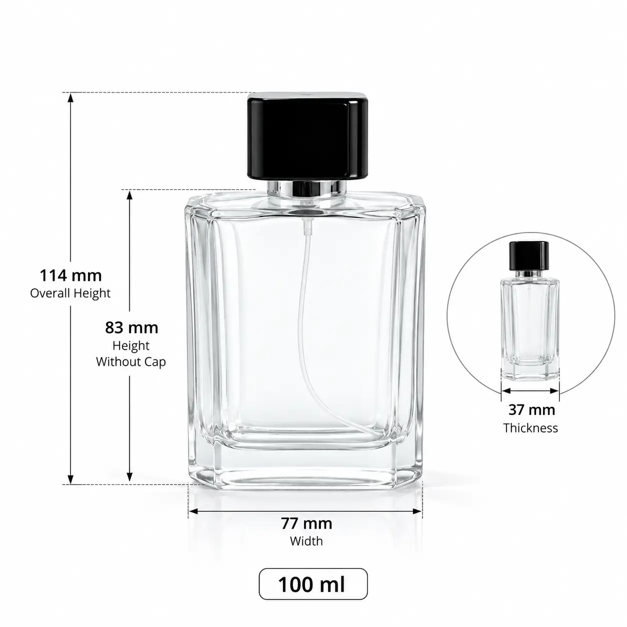 แผนภาพขนาดของขวดน้ำหอมแก้วทรงสี่เหลี่ยมผืนผ้าลายริ้ว 100ml แสดงความกว้าง 77 mm ความลึก 37 mm ความสูงโดยรวมเมื่อรวมฝา 114 mm และความสูงเมื่อไม่รวมฝา 83 mm.