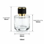 Dimension diagram of the 100ml short round perfume bottle showing its 69mm diameter, 96mm overall height with cap, 65mm bottle height without cap, and 293g weight.