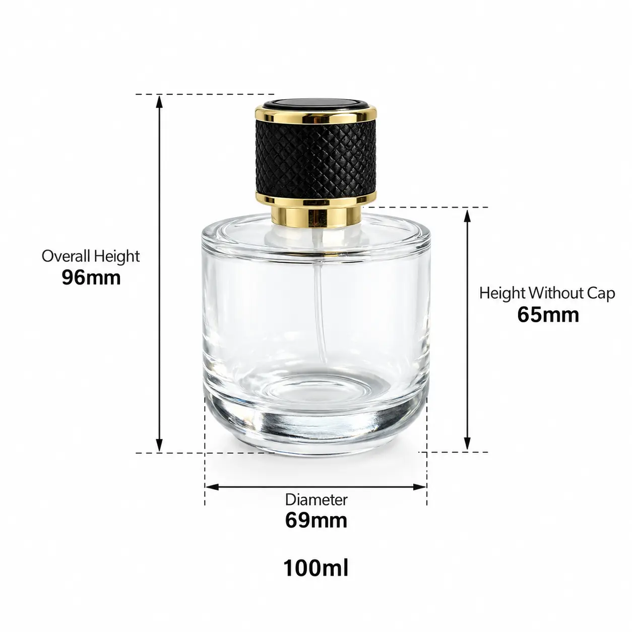 100ml kısa yuvarlak parfüm şişesinin ölçü şeması; 69mm çapı, 96mm toplam yüksekliği, 65mm kapaksız şişe yüksekliği ve 293g ağırlığı gösterilmektedir.