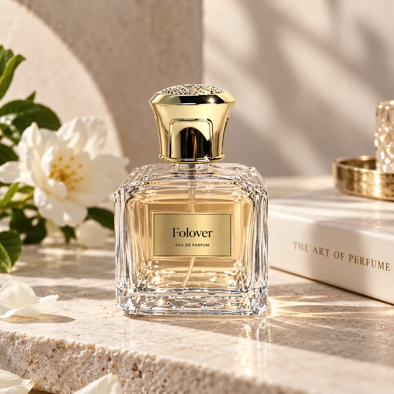 100ml Square Perfume Bottle with Crown Cap – Fragrance Display Scene 100ml square perfume bottle with decorative nameplate and ornate crown cap presented in a fragrance display setting for branded perfume packaging.