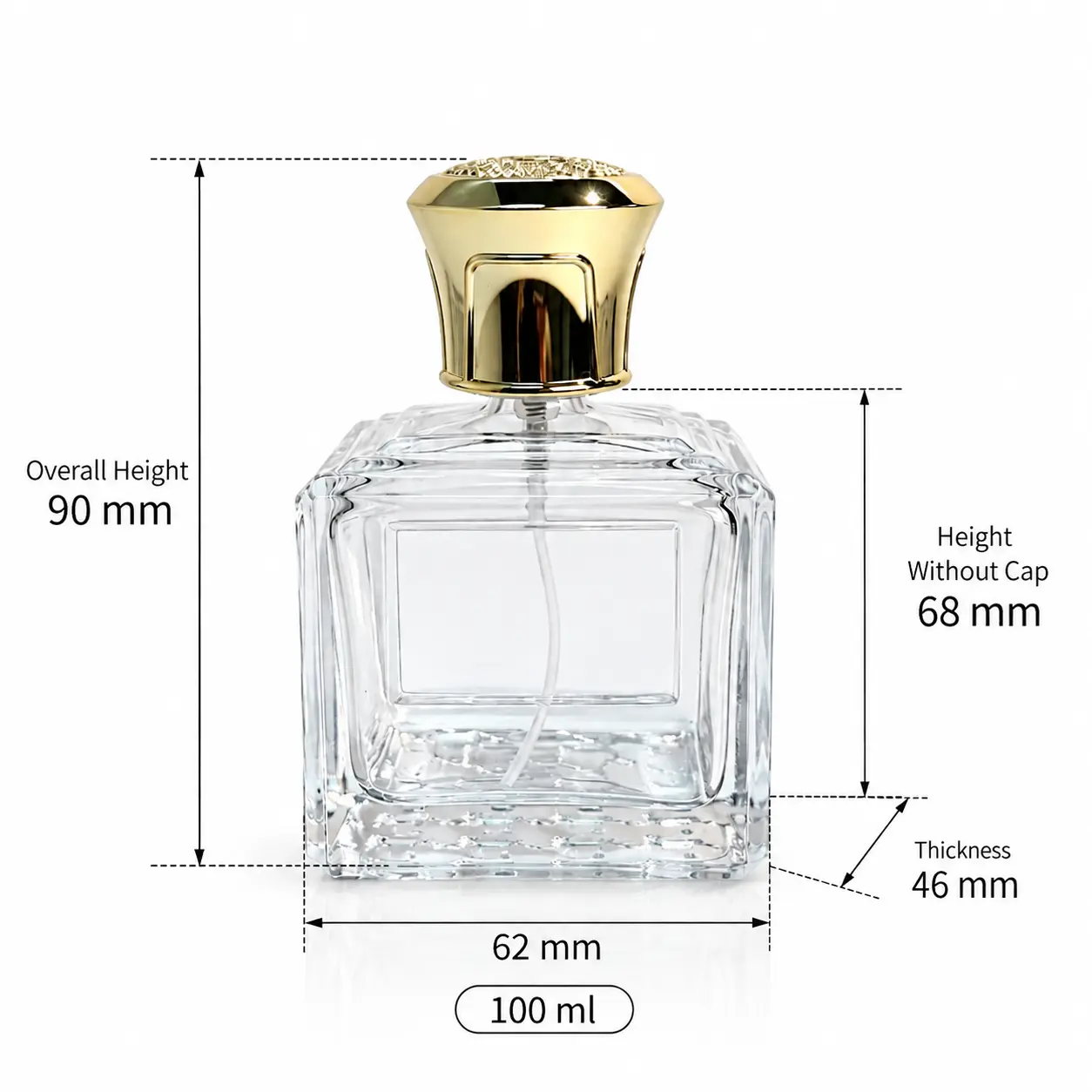 100ml Square Perfume Bottle – Dimensions and Capacity Dimension diagram of the 100ml square perfume bottle showing its 62 × 46 × 90 mm assembled dimensions and 68 mm height without the crown cap.