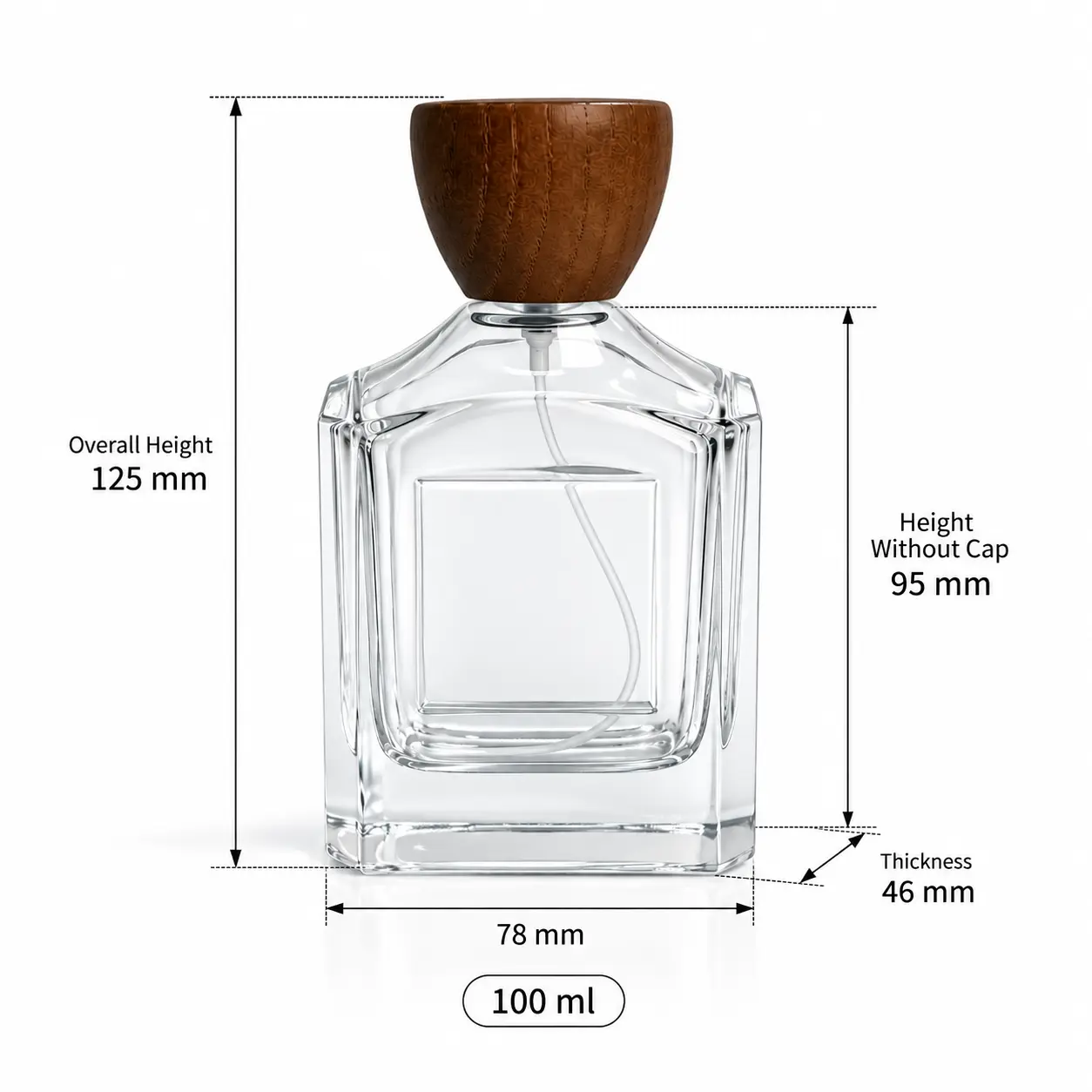 100ml Square Perfume Bottle – Dimensions and Capacity Dimension diagram of the 100ml square perfume bottle showing its 78 mm width, 46 mm depth, 125 mm assembled height, and nominal capacity.