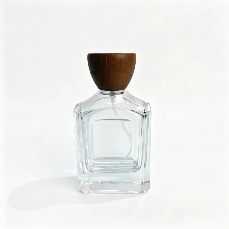 Front view of the 100ml square perfume bottle showing its wide front profile and fitted cap.
