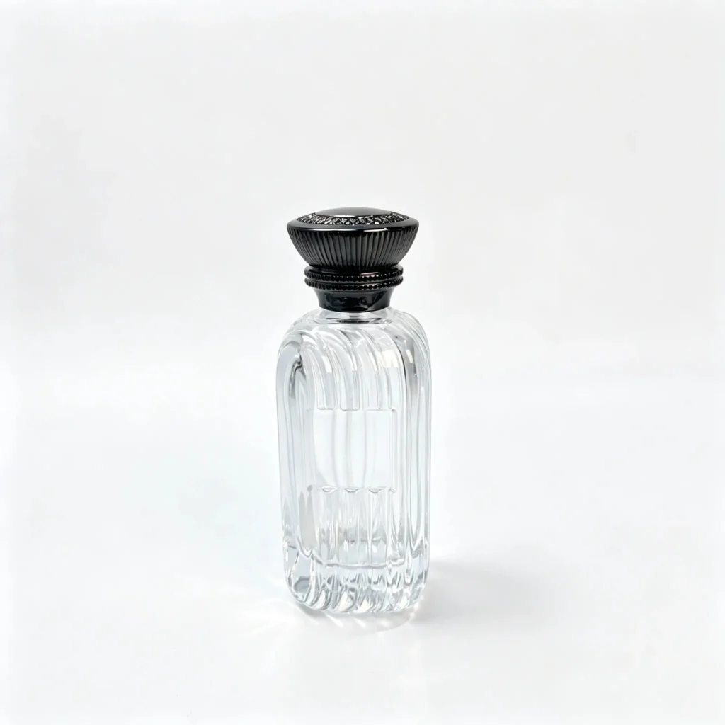Front view of the 100ml square ribbed perfume bottle featuring vertical fluted sides and an embossed black crown cap.