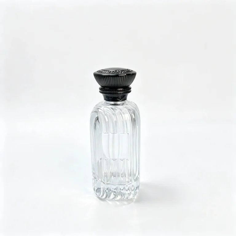Front view of the 100ml square ribbed perfume bottle featuring vertical fluted sides and an embossed black crown cap.