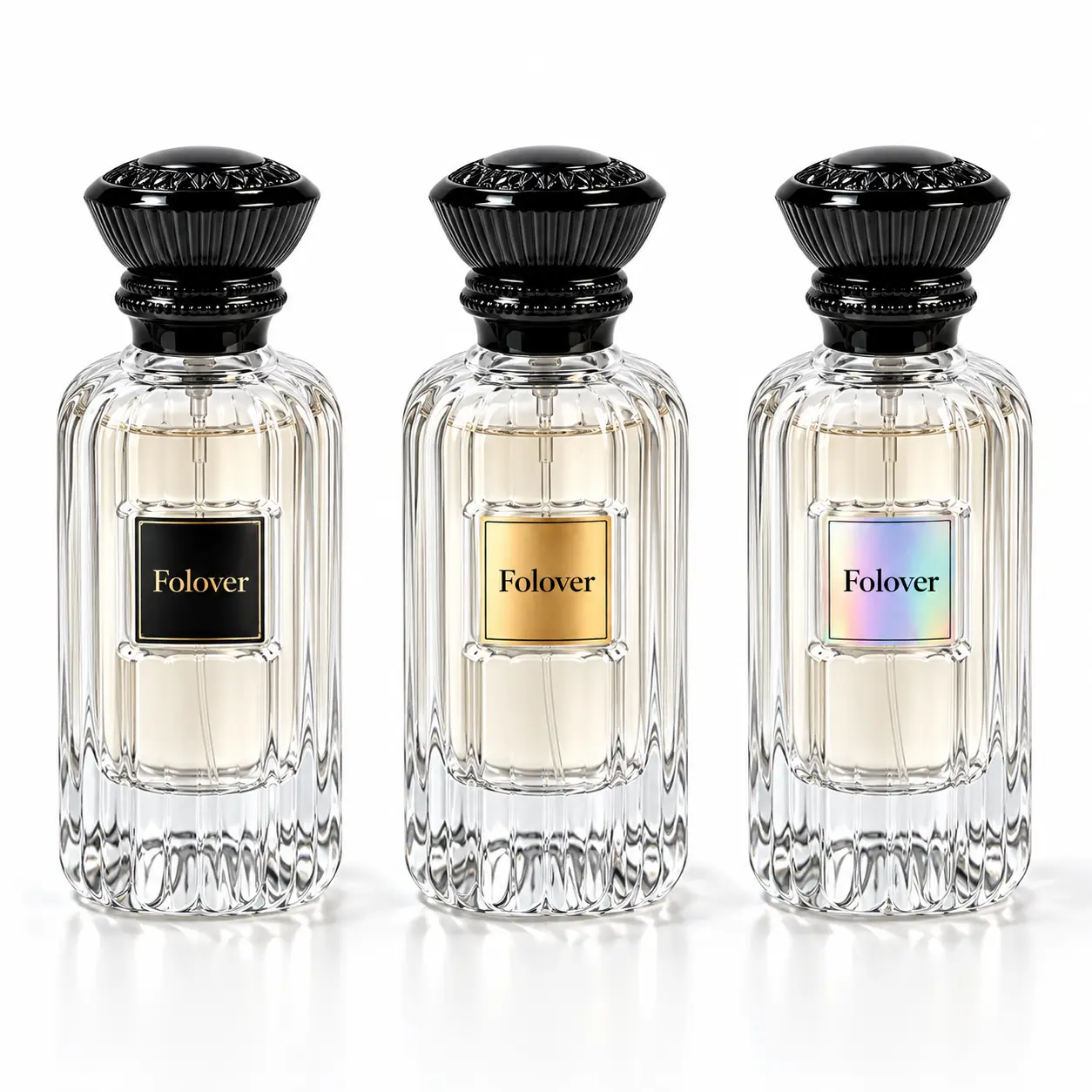 100ml Square Ribbed Perfume Bottle – Custom Logo Printing Reference Custom logo printing reference for the 100ml square ribbed perfume bottle showing fragrance branding concepts with the decorative black crown cap.