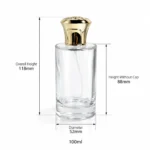مخطط الأبعاد والسعة لزجاجة العطر الأسطوانية 100ml يوضح قطرها 52 mm، وارتفاعها الكلي مع الغطاء 118 mm، وارتفاع الزجاجة بدون الغطاء 88 mm.