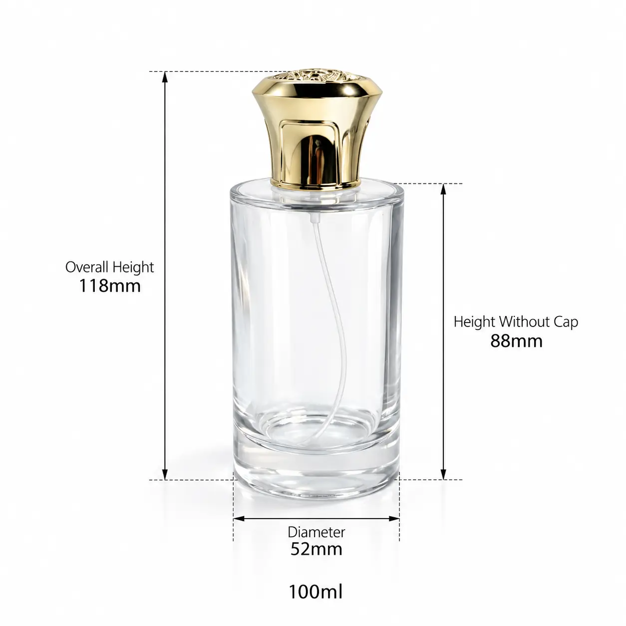 100ml أبعاد وسعة زجاجة عطر مستقيمة الجوانب مخطط الأبعاد والسعة لزجاجة العطر الأسطوانية 100ml يوضح قطرها 52 mm، وارتفاعها الكلي مع الغطاء 118 mm، وارتفاع الزجاجة بدون الغطاء 88 mm.