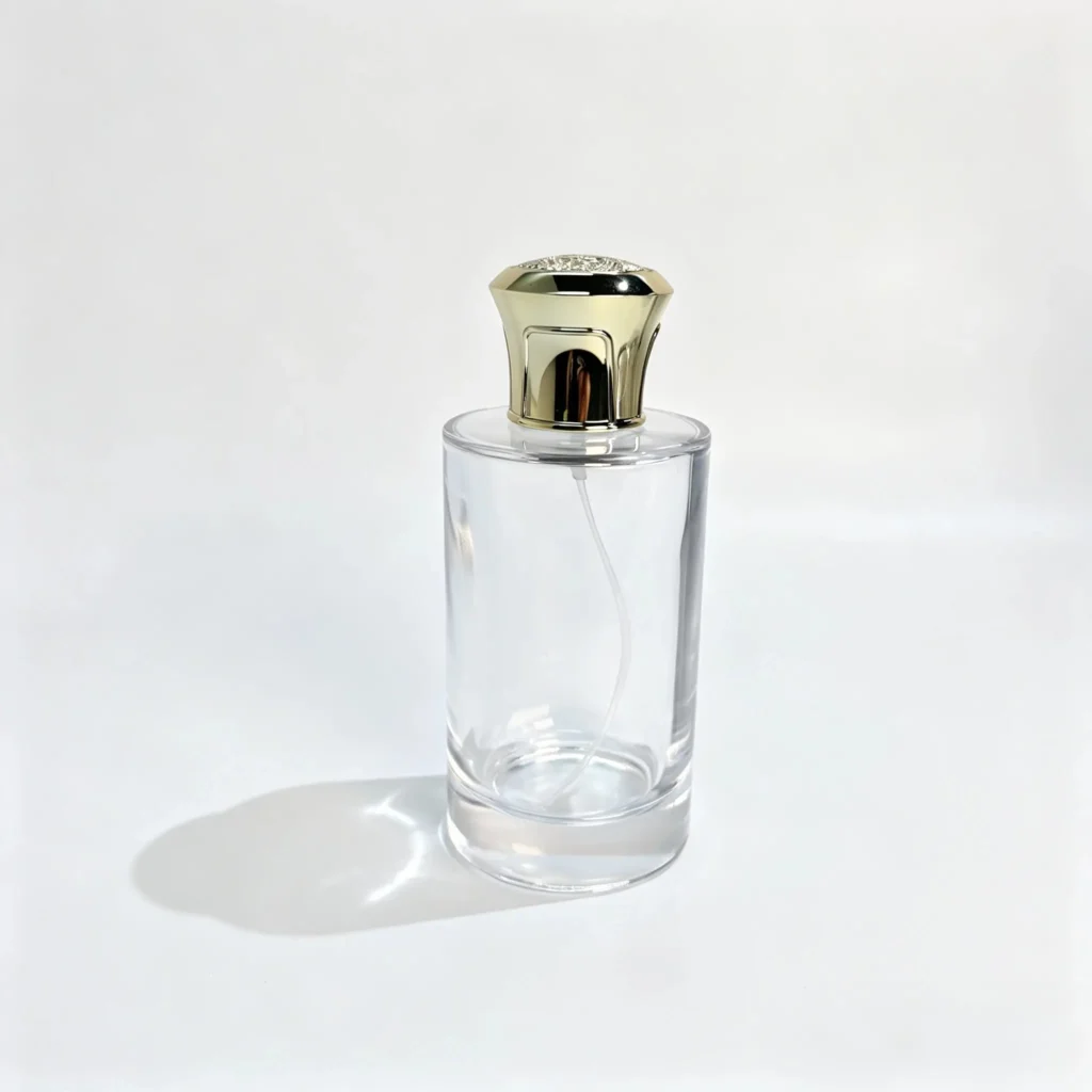 منظر أمامي لزجاجة العطر ذات الجوانب المستقيمة 100ml مع غطائها الزخرفي الذهبي بشكل التاج وبخاخ العطر المركّب.