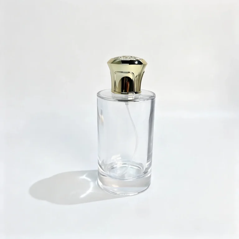 Front view of the 100ml straight-sided perfume bottle with its decorative gold crown cap and assembled fragrance sprayer.