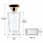 Dimension diagram of the 100ml tall rectangular perfume bottle showing its 61 mm width, 32 mm depth, 144 mm overall height with cap, and 106 mm bottle height without cap.