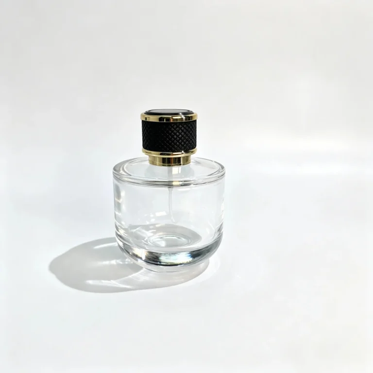 Front view of the 100ml short round perfume bottle with its thick base, wide cylindrical body, sprayer, and decorative cap.
