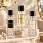 Flacon de parfum nervuré vertical de 100ml assemblé, présenté dans un cadre de présentation d'emballage de parfum avec son capot décoratif en place.