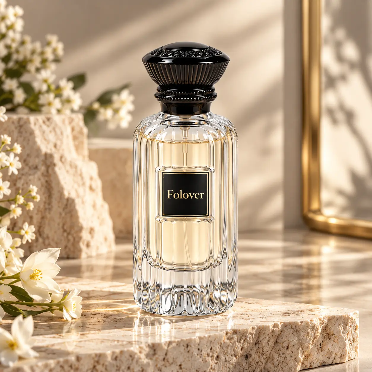 100ml Vintage Square Perfume Bottle – Fragrance Display Scene 100ml vintage square perfume bottle with vertical ribbing and a decorative black crown cap presented in a fragrance display setting.