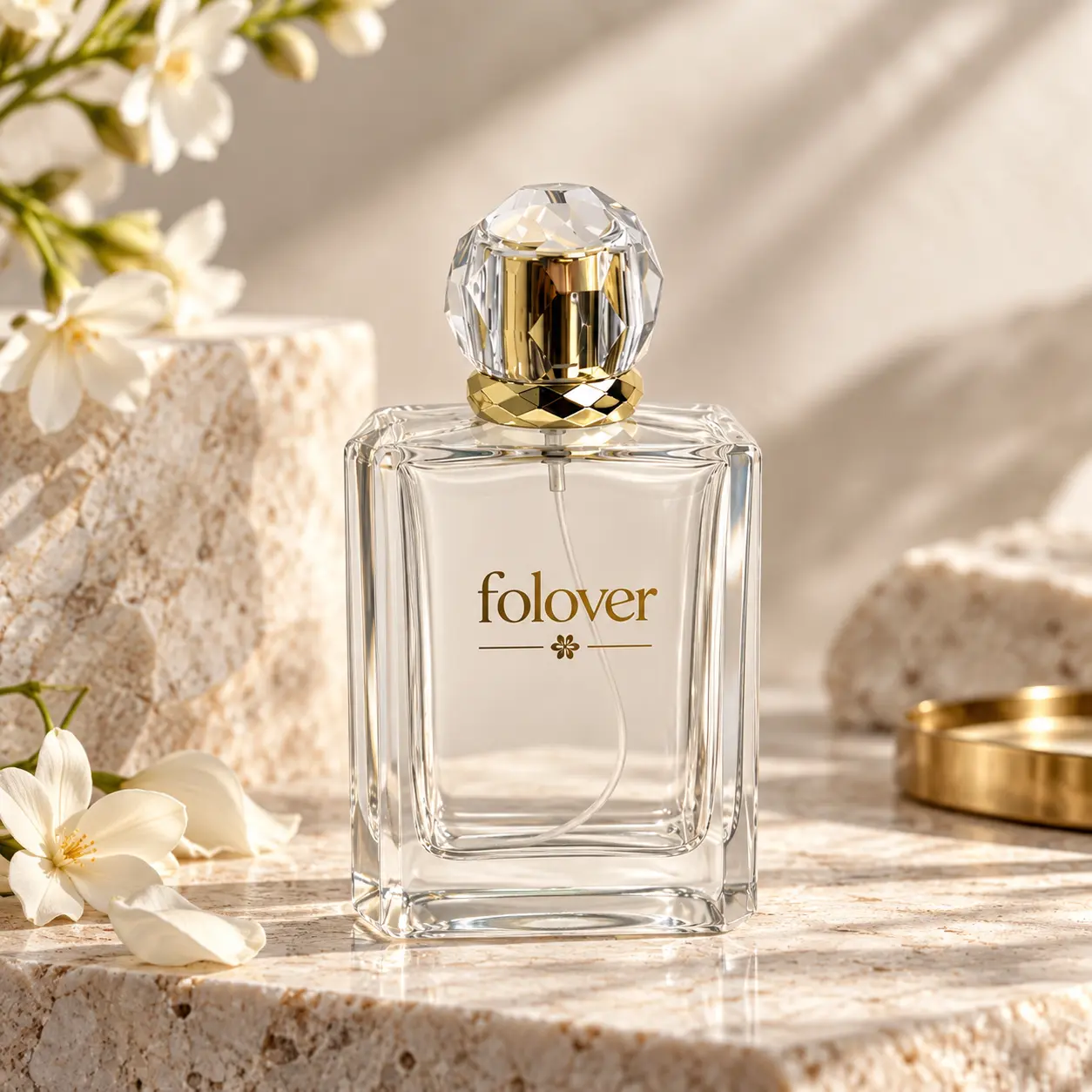100ml wide rectangular perfume bottle presented in a fragrance display setting, highlighting its broad front profile, thick base, and assembled packaging appearance.