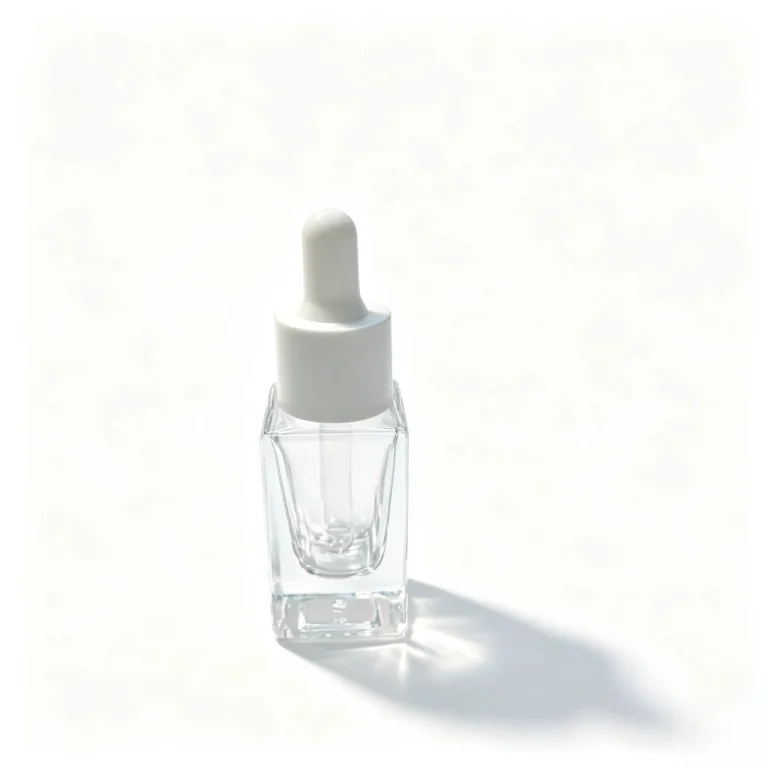 10ml clear square serum bottle shown from the front with assembled closure