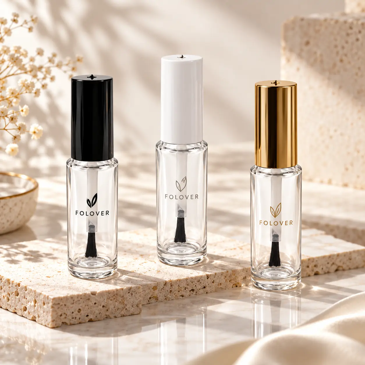 10ml frasco de vidrio personalizado para esmalte de uñas que muestra opciones de referencia de impresión de logotipo y decoración en color