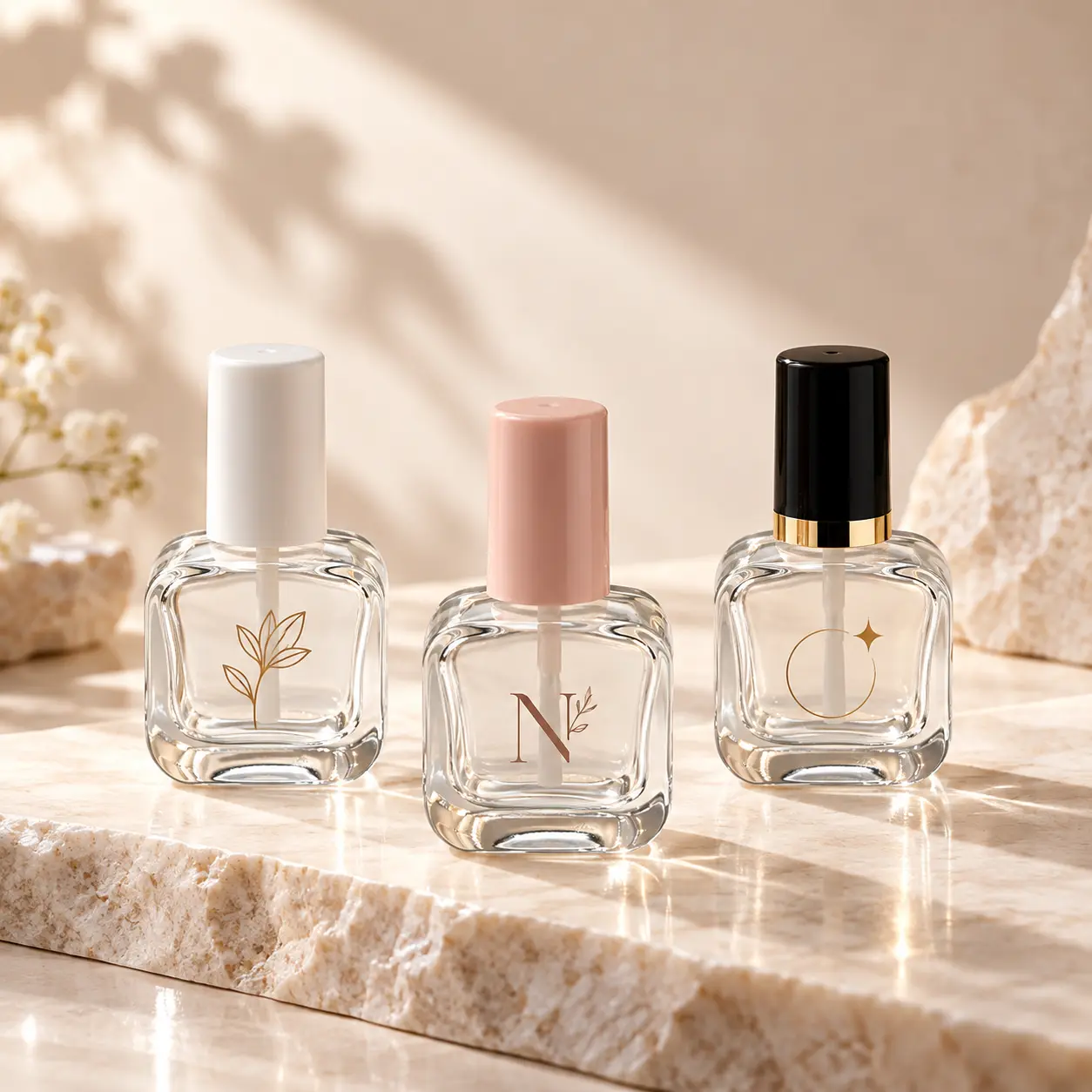 Custom printed 10ml square glass nail polish bottles showing color and logo decoration references