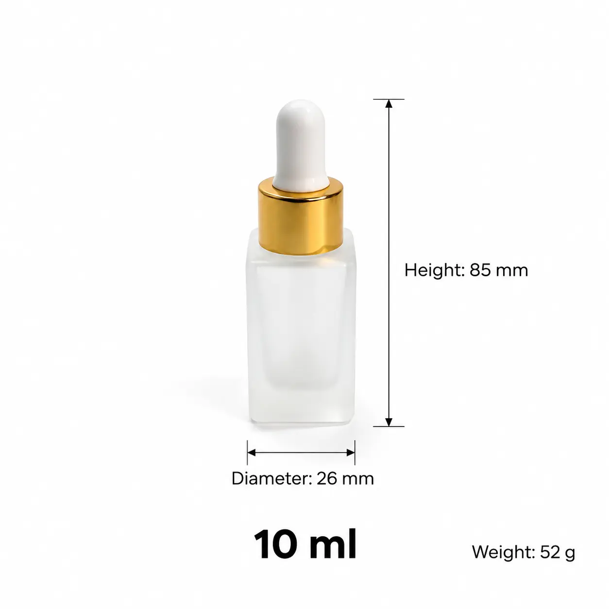 10ml riferimento dimensionale del flacone contagocce per oli essenziali che mostra le dimensioni complessive fornite di 26 × 85 mm, l'altezza del flacone senza tappo di 61 mm e il peso di 52 g
