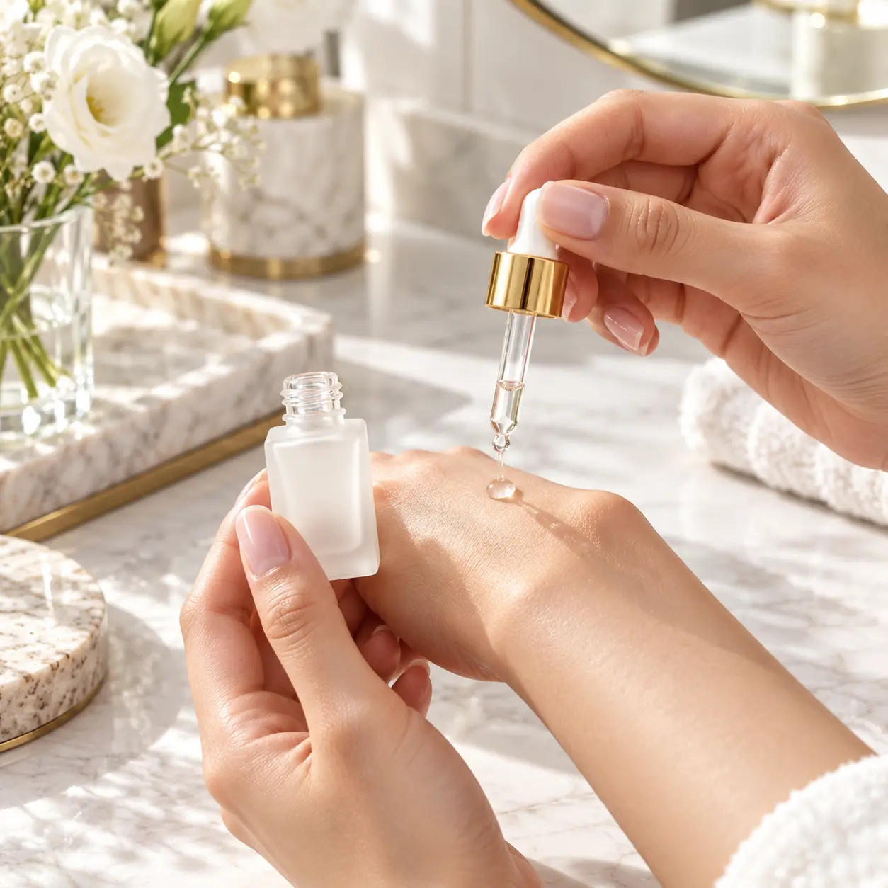 10ml flacone contagocce per olio essenziale mostrato in un contesto d'uso del prodotto per l'applicazione di siero skincare