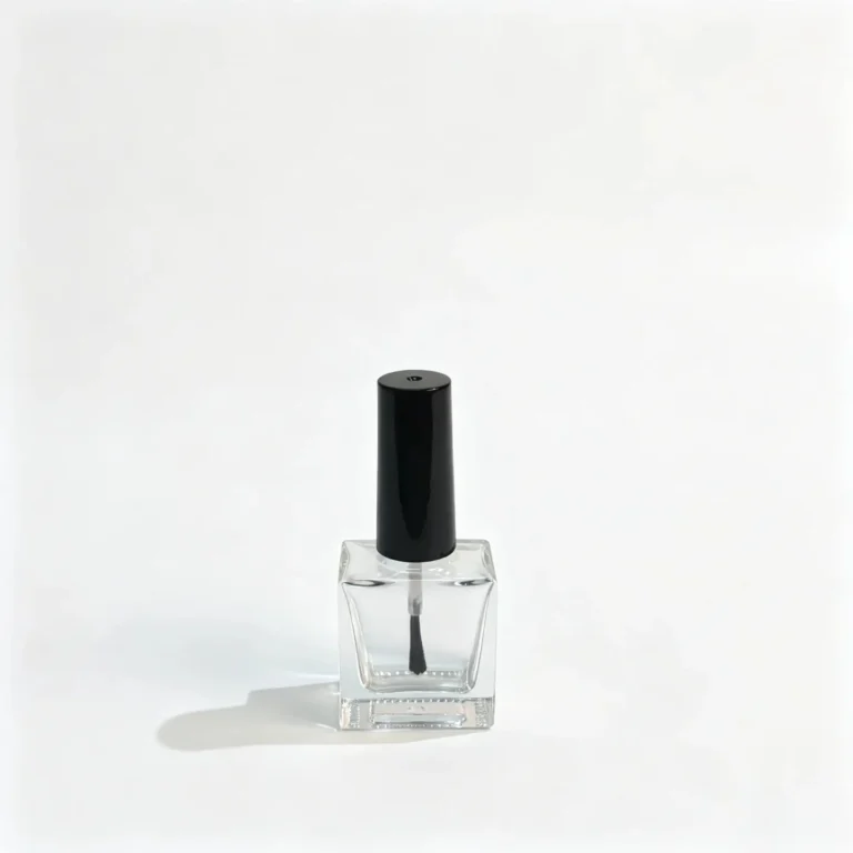 10ml rectangular glass nail polish bottle shown from the front with a clear glass body and black brush cap