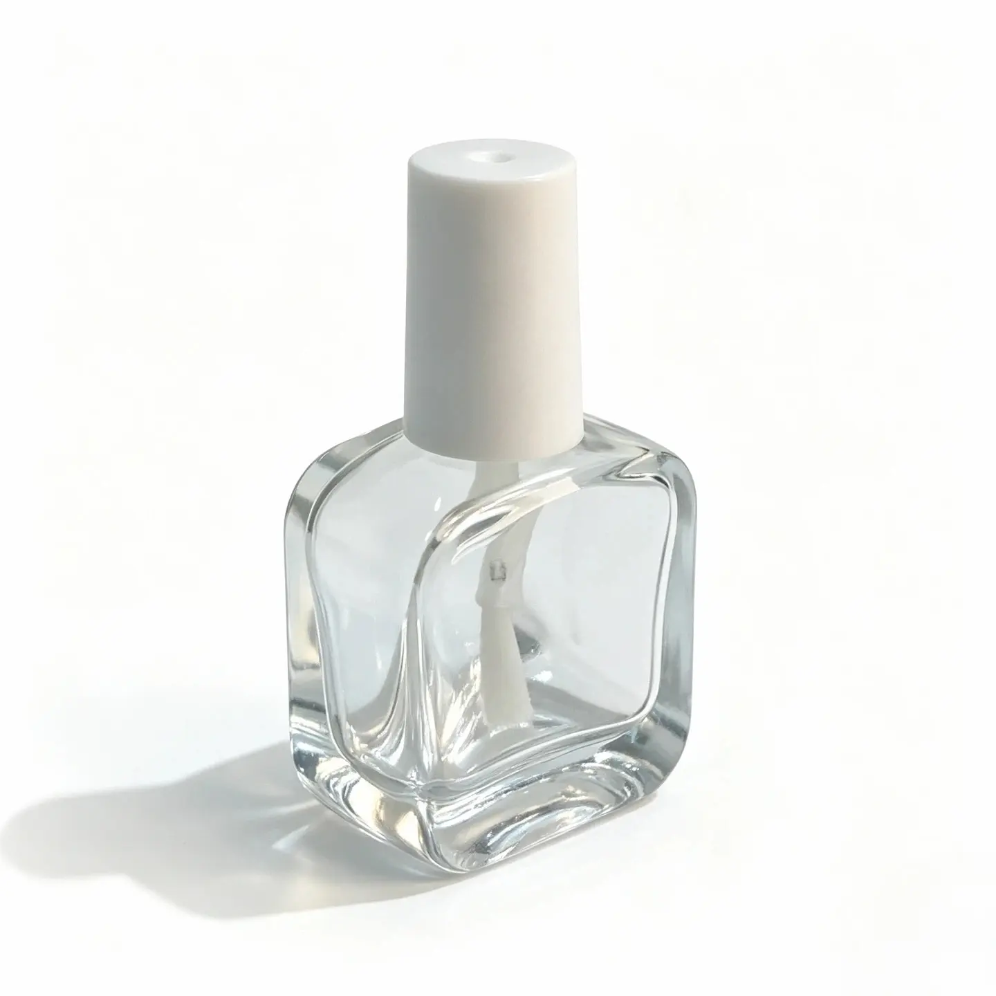 Side profile of the 10ml flat square glass nail polish bottle showing its shallow body depth
