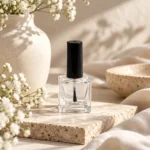 10ml clear glass nail polish bottle displayed in a product presentation setting with its brush-cap assembly