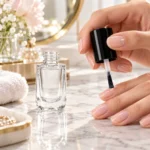 10ml glass nail polish bottle shown in a nail polish application setting
