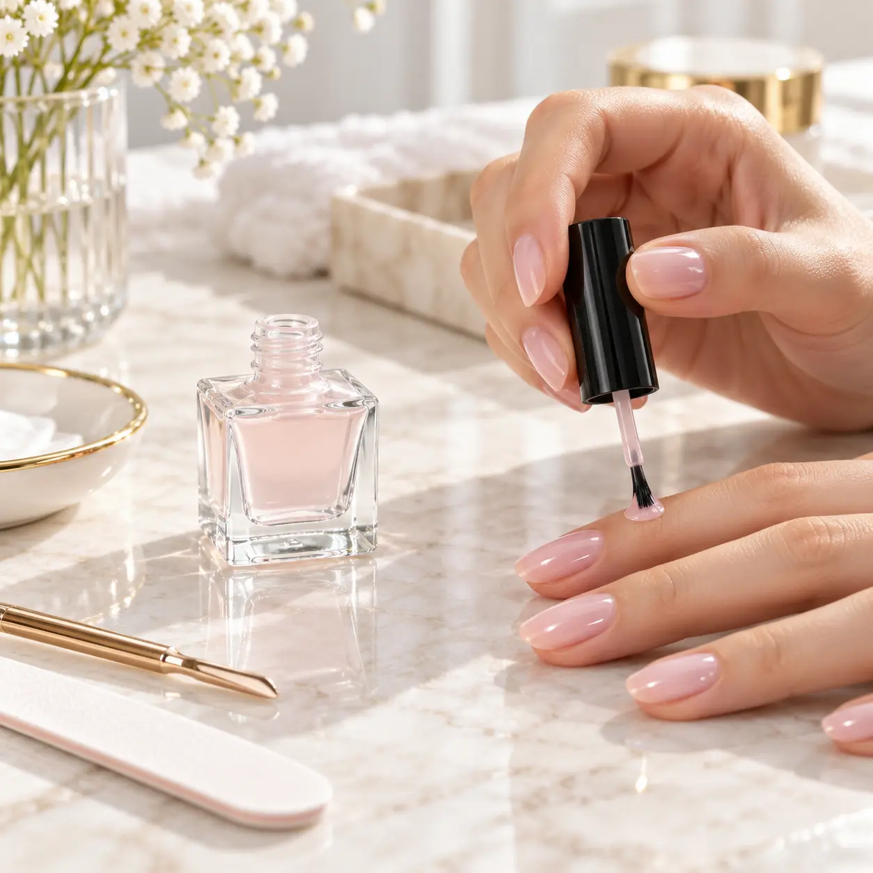 10ml Glas-Nagellackflasche in einer Nagellack-Anwendungsszene mit ihrem Bürstenapplikator gezeigt