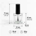 10ml rectangular glass nail polish bottle dimension view showing the confirmed bottle size, capacity, and overall height