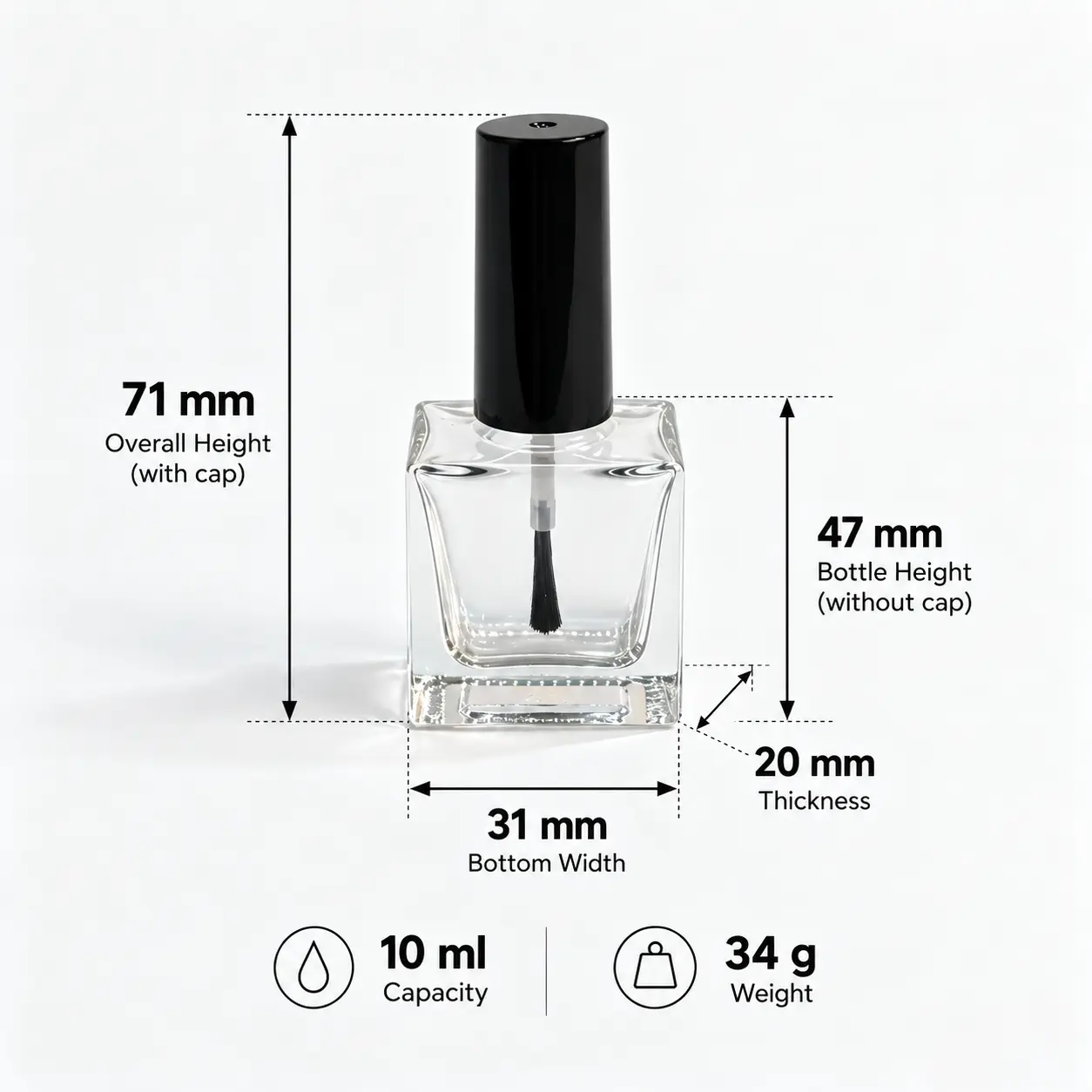10ml rechteckige Glas-Nagellackflasche Dimensionsansicht mit den bestätigten Verpackungsabmessungen und der Kapazität