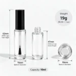 10ml dimensiones de la botella de vidrio redonda y esbelta para esmalte de uñas que muestran su formato de envase cilíndrico esbelto y su capacidad confirmada
