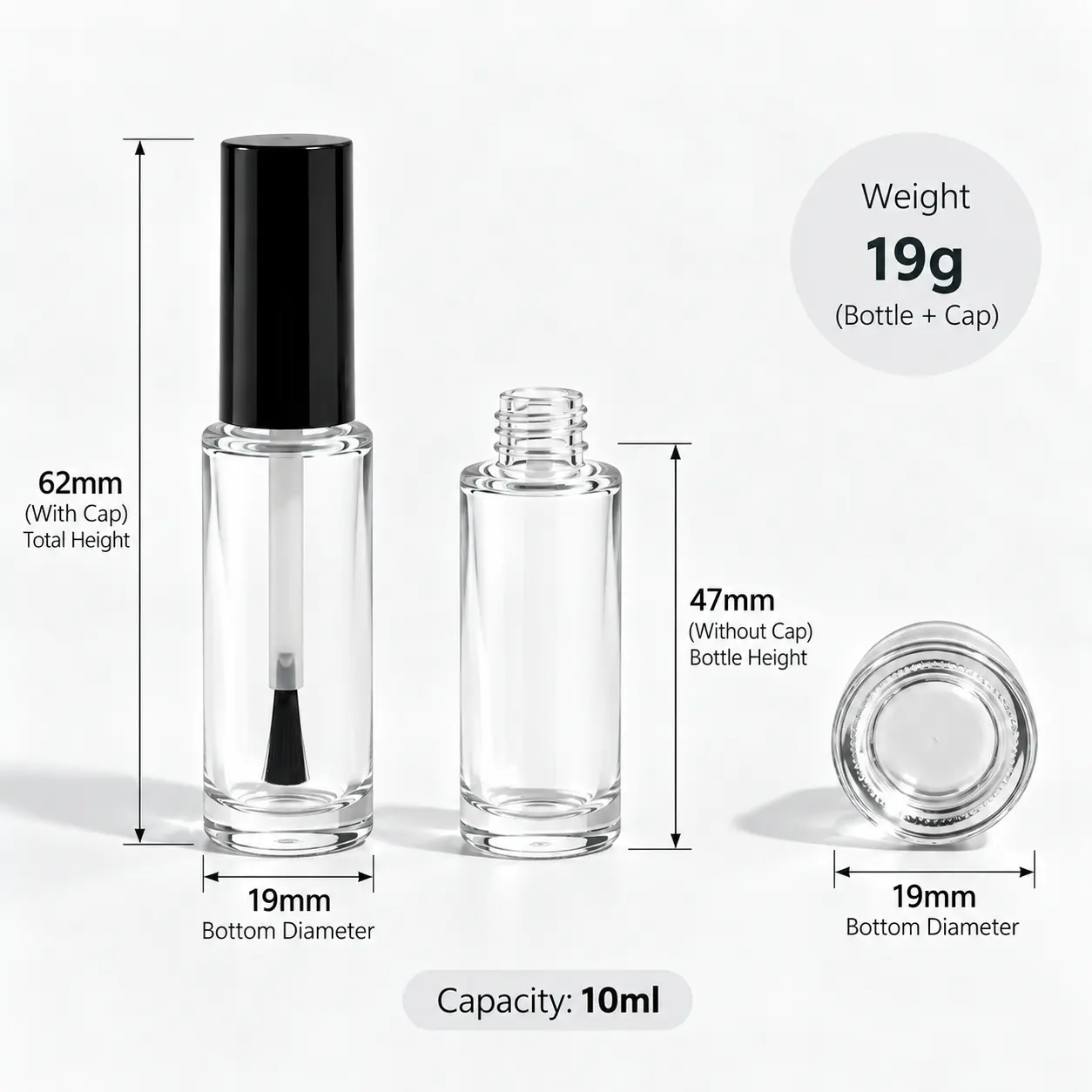 10ml dimensiones y capacidad del frasco redondo de vidrio para esmalte de uñas para una evaluación preliminar del envasado