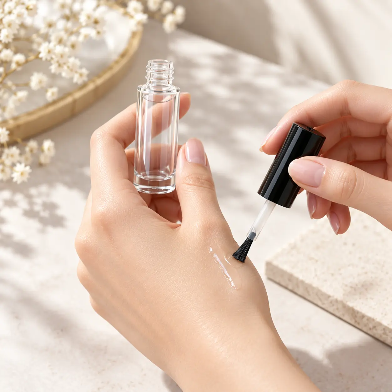 10ml frasco redondo para esmalte de uñas presentado en una escena de aplicación de envasado de color de uñas