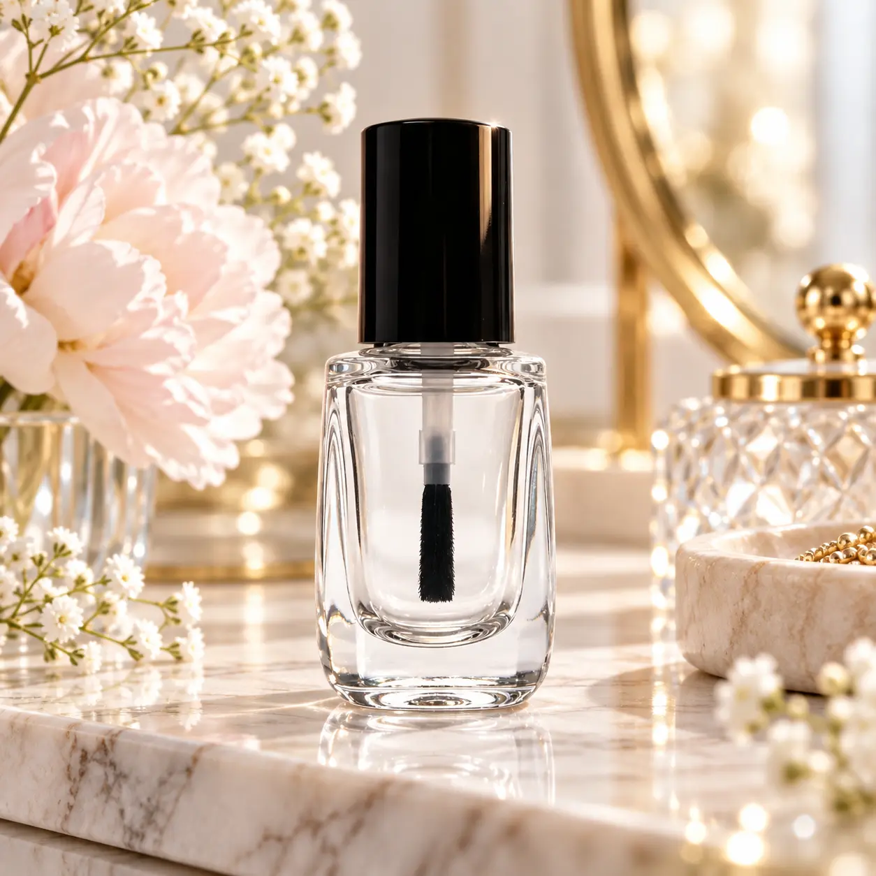 10ml Rounded Glass Nail Polish Bottle – Display Scene 10ml rounded rectangular glass nail polish bottle in a product display setting