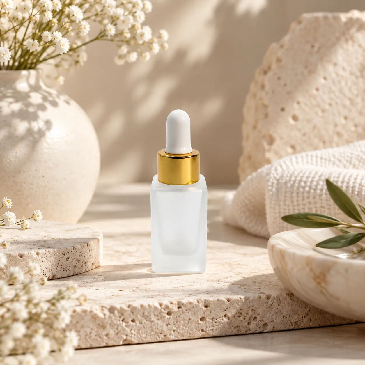 10ml flacone contagocce per siero presentato in una scena coordinata di packaging skincare e cosmetico