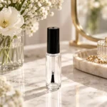 Botella esbelta de vidrio 10ml para esmalte de uñas presentada en un entorno de exposición de envases cosméticos