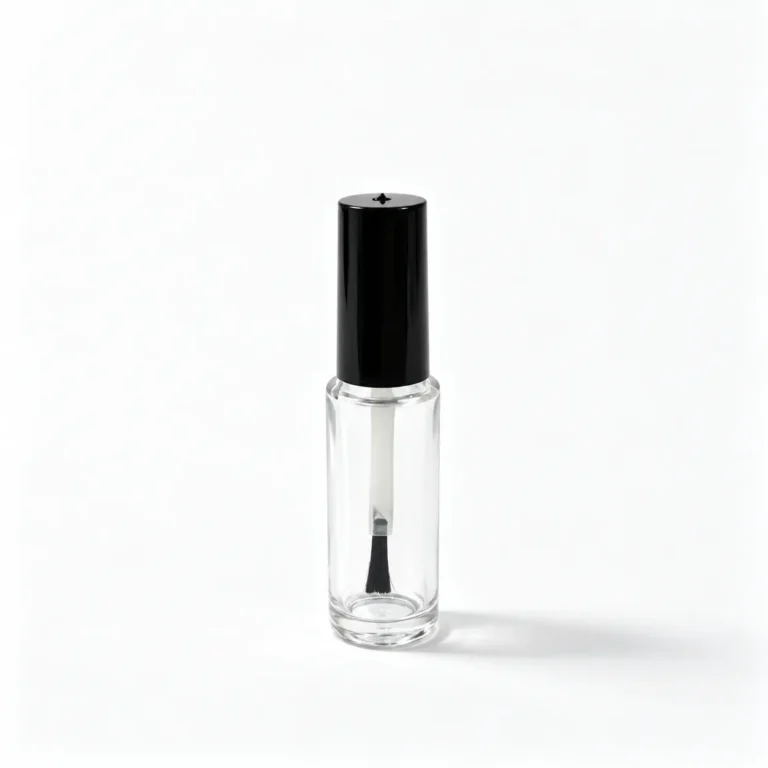 10ml slim round glass nail polish bottle shown from the front with a black cap and internal brush