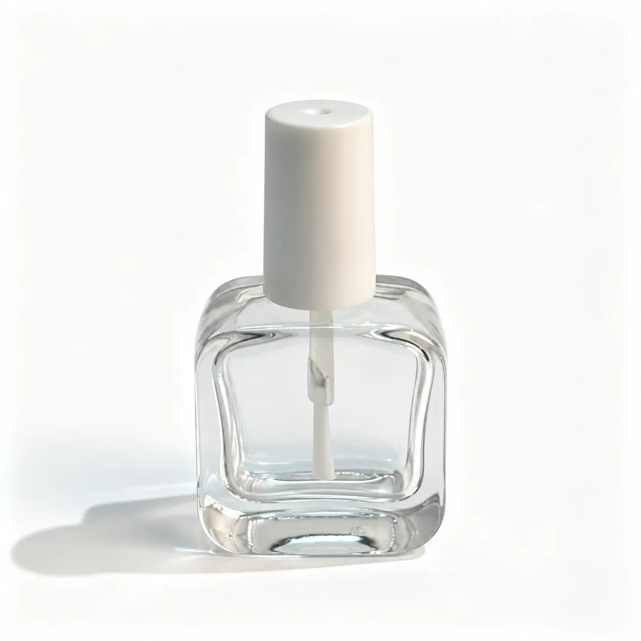 10ml flat square glass nail polish bottle shown from the front with cap and brush assembly