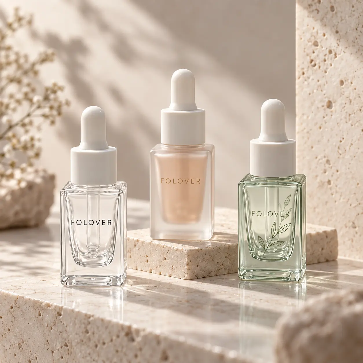 10ml flaconi per siero quadrati che mostrano colori di stampa personalizzati e opzioni di decorazione con logo