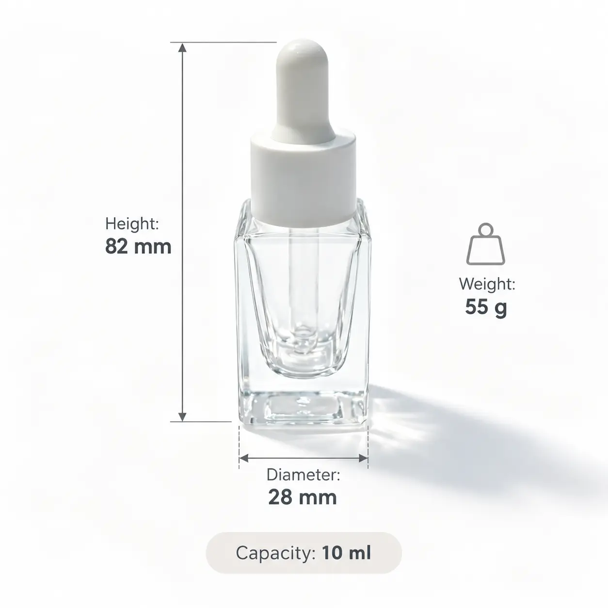 10ml dimensioni del flacone per siero quadrato con riferimento corpo 28 mm, altezza totale 82 mm e altezza flacone senza tappo 57 mm
