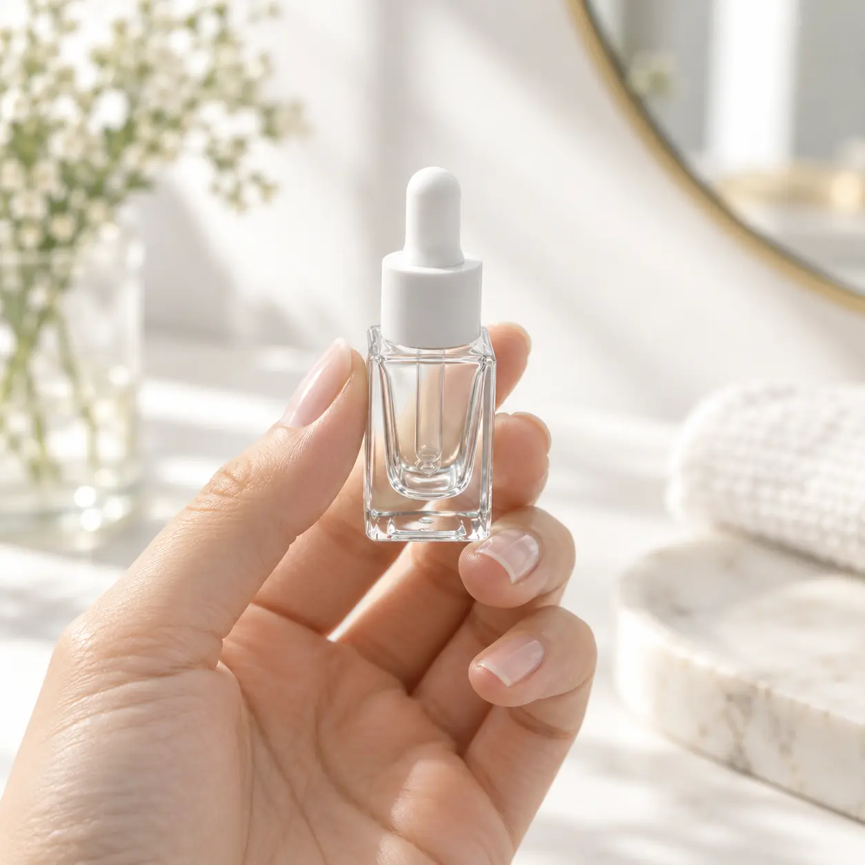 10ml flacone per siero quadrato presentato in una scena compatta di packaging skincare