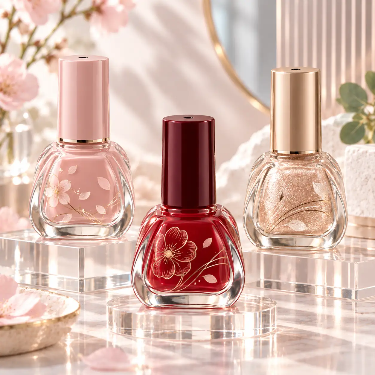 14ml Referência de frasco de vidro para verniz de unhas com impressão personalizada Frasco de vidro para verniz de unhas 14ml com impressão personalizada mostrando referências de logótipo e decoração de cor para embalagem de verniz de unhas de marca