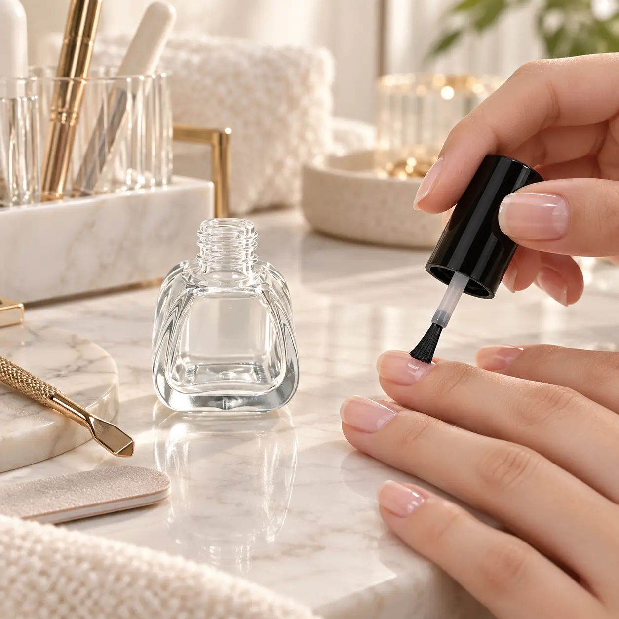 14ml Cena de aplicação do frasco de vidro para verniz de unhas 14ml frasco de vidro para verniz de unhas mostrado em utilização com o pincel a aplicar verniz de unhas como referência de aplicação de embalagem