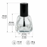 14ml referência de dimensões do frasco de vidro para verniz de unhas mostrando 22 mm de largura inferior, 59 mm de altura total e 44 mm de altura do frasco sem a tampa