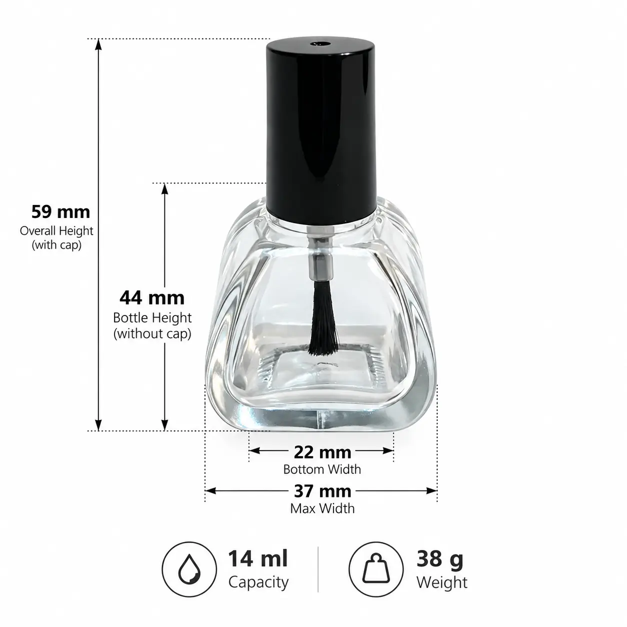 14ml Dimensões e capacidade do frasco de vidro para verniz de unhas 14ml referência de dimensões do frasco de vidro para verniz de unhas mostrando 22 mm de largura inferior, 59 mm de altura total e 44 mm de altura do frasco sem a tampa