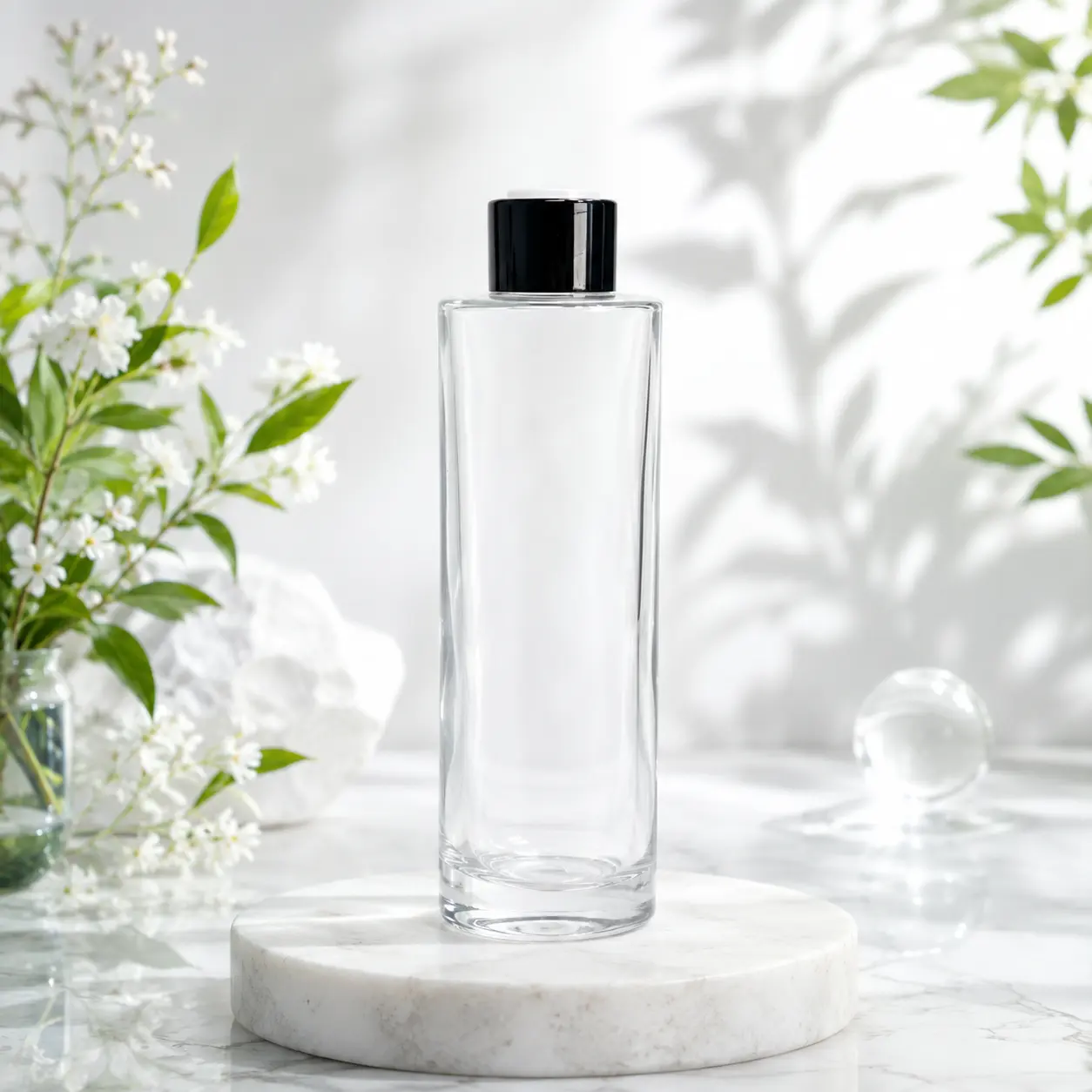150ml Flacone in vetro per tonico viso, scena di packaging Flacone in vetro per tonico viso 150ml mostrato in una scena di packaging skincare