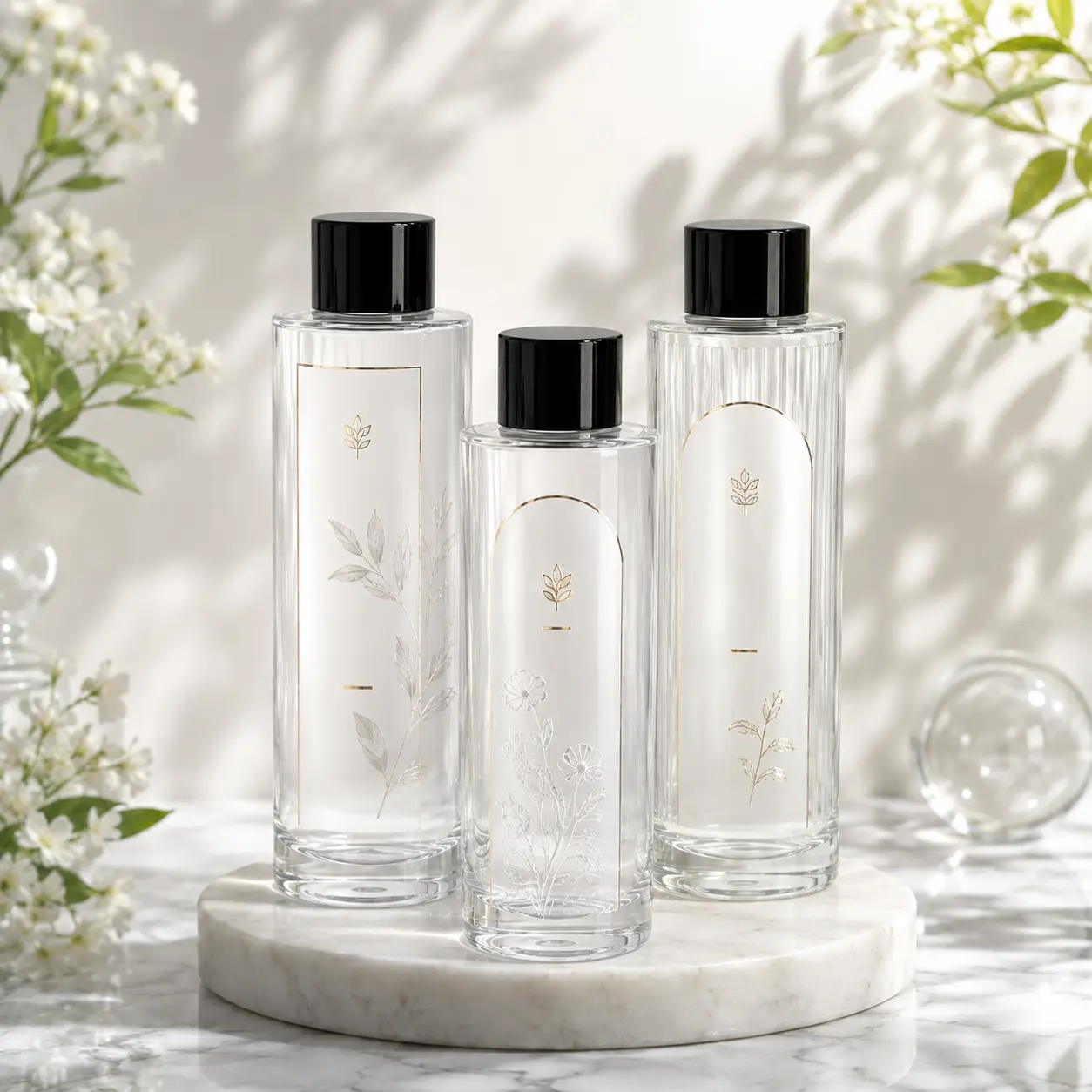 150ml Flacone in vetro per tonico viso, riferimento colore di stampa Flaconi in vetro per tonico viso 150ml che mostrano diversi riferimenti di stampa e personalizzazione del colore